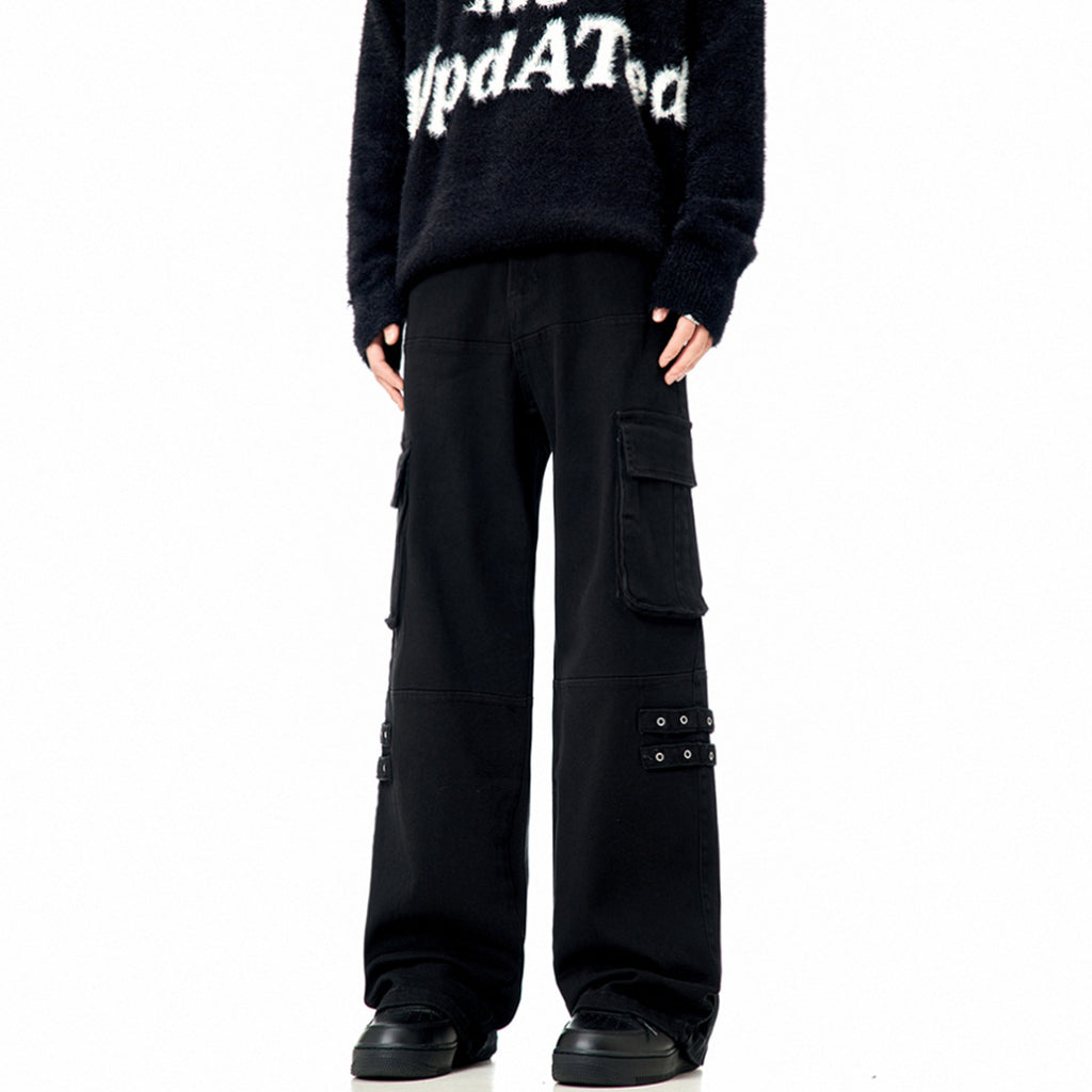 11KN black straight strap loose wide-leg pants