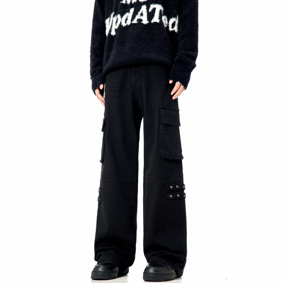 11KN black straight strap loose wide-leg pants