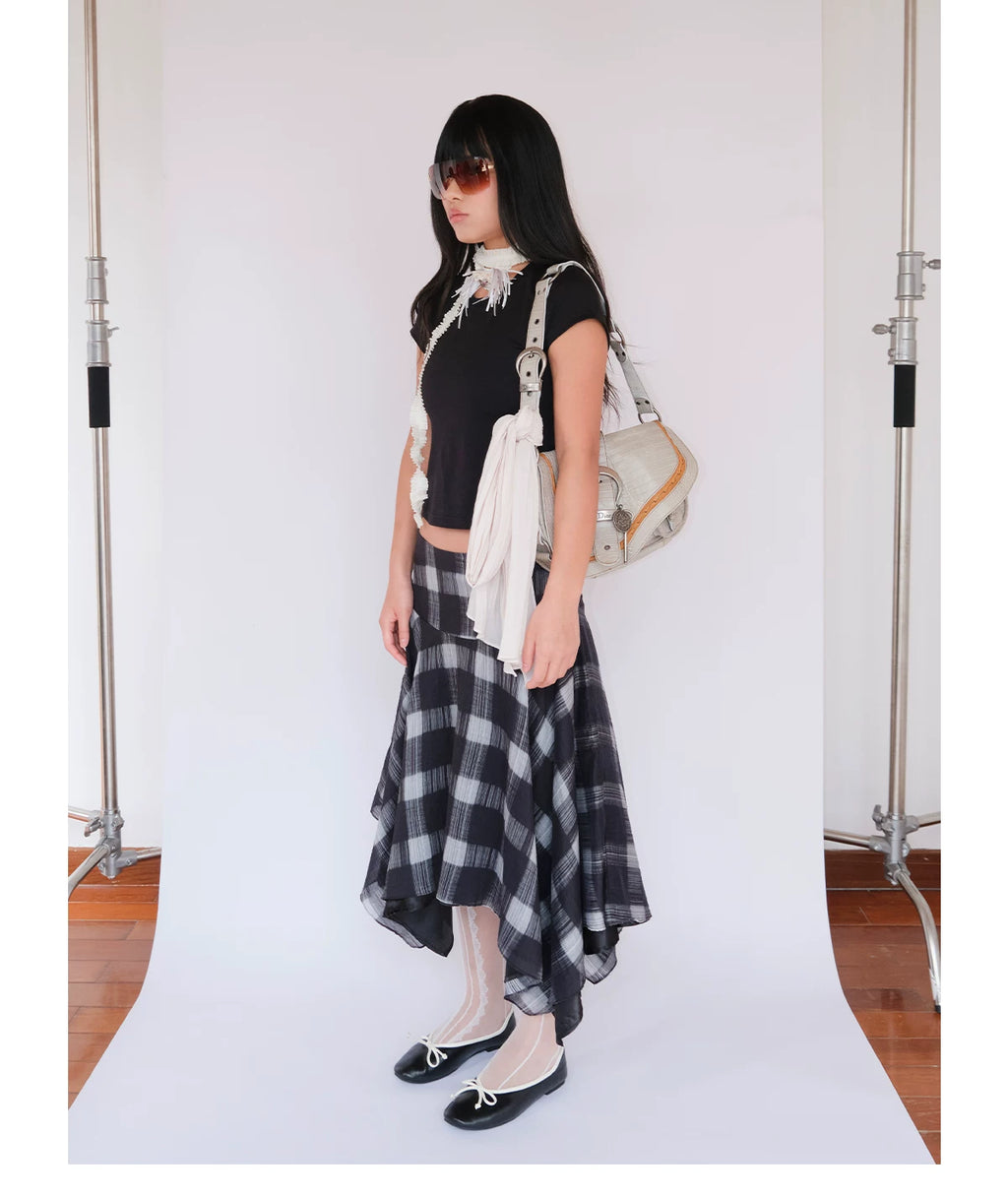 FUNKYFUN Plaid Irregular Hem Mid-length Skirt