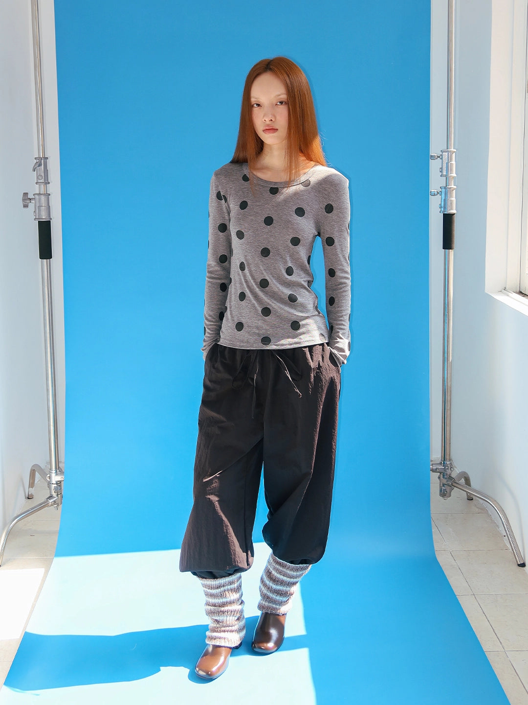 FUNKYFUN Full Printed Polka Dot Printed Elastic Front Shoulder Long Sleeve