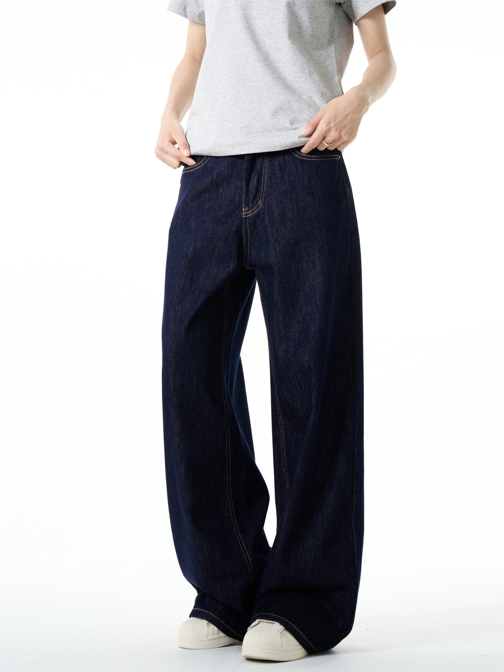 FLYOFF Straight Wide Leg Dark Blue Jeans