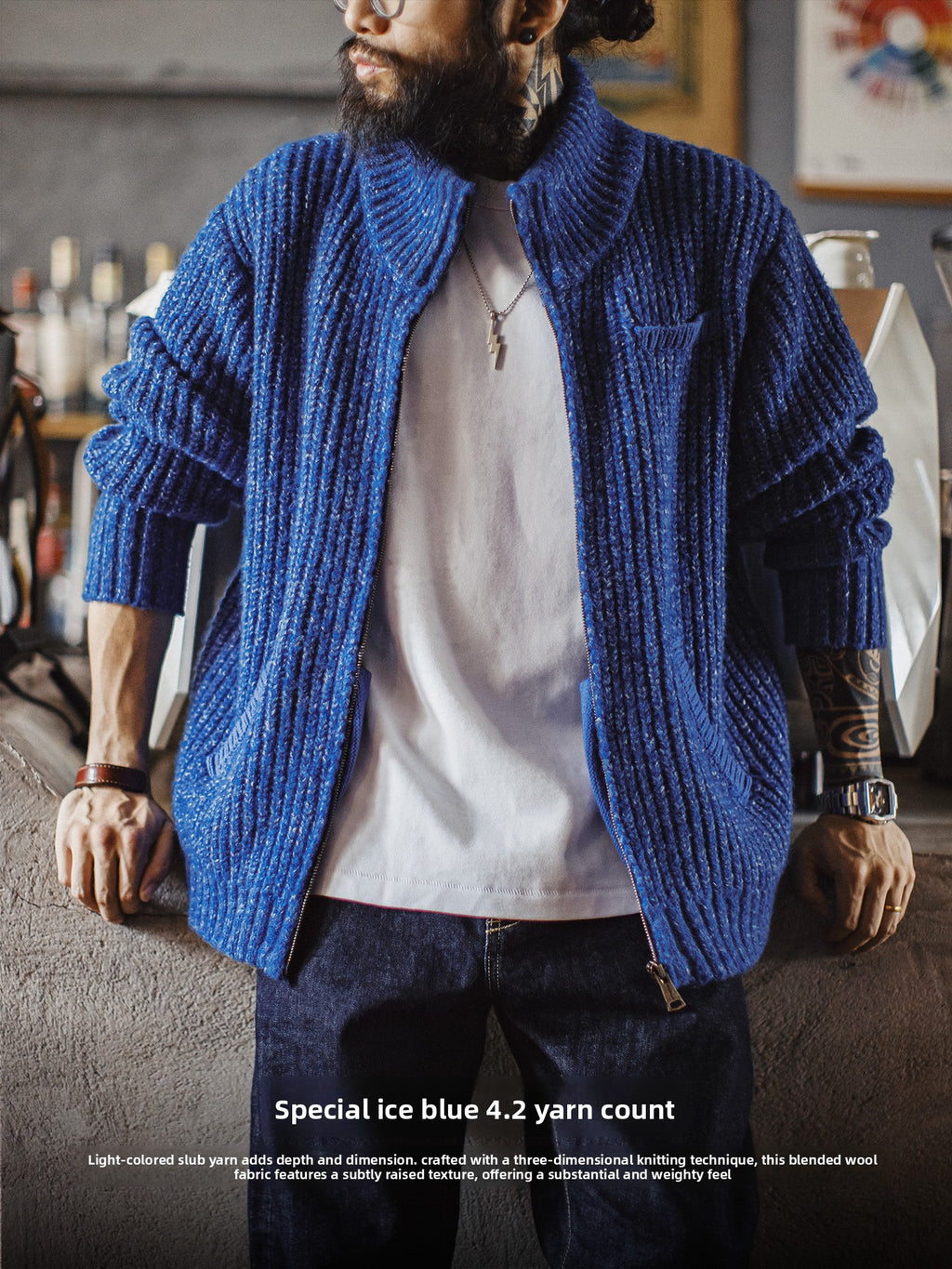 Maden Ice Blue Cardigan Thickened Sweater High Neck Warm Knitted Sweater