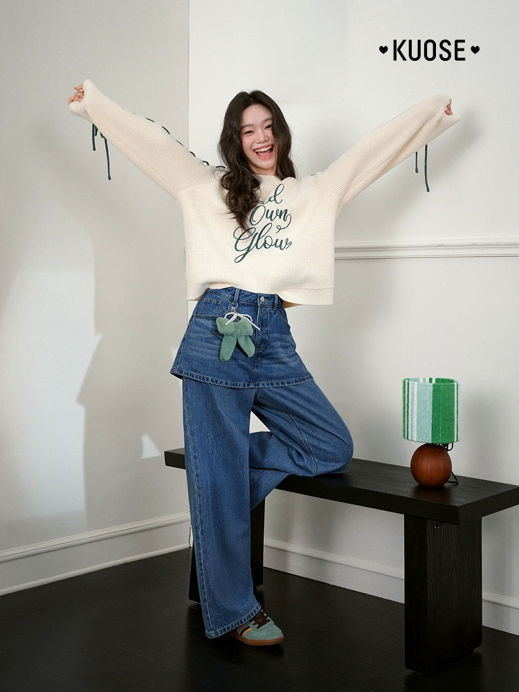 Kuose Bow Design Sense Embroidered Long Sleeve Knit