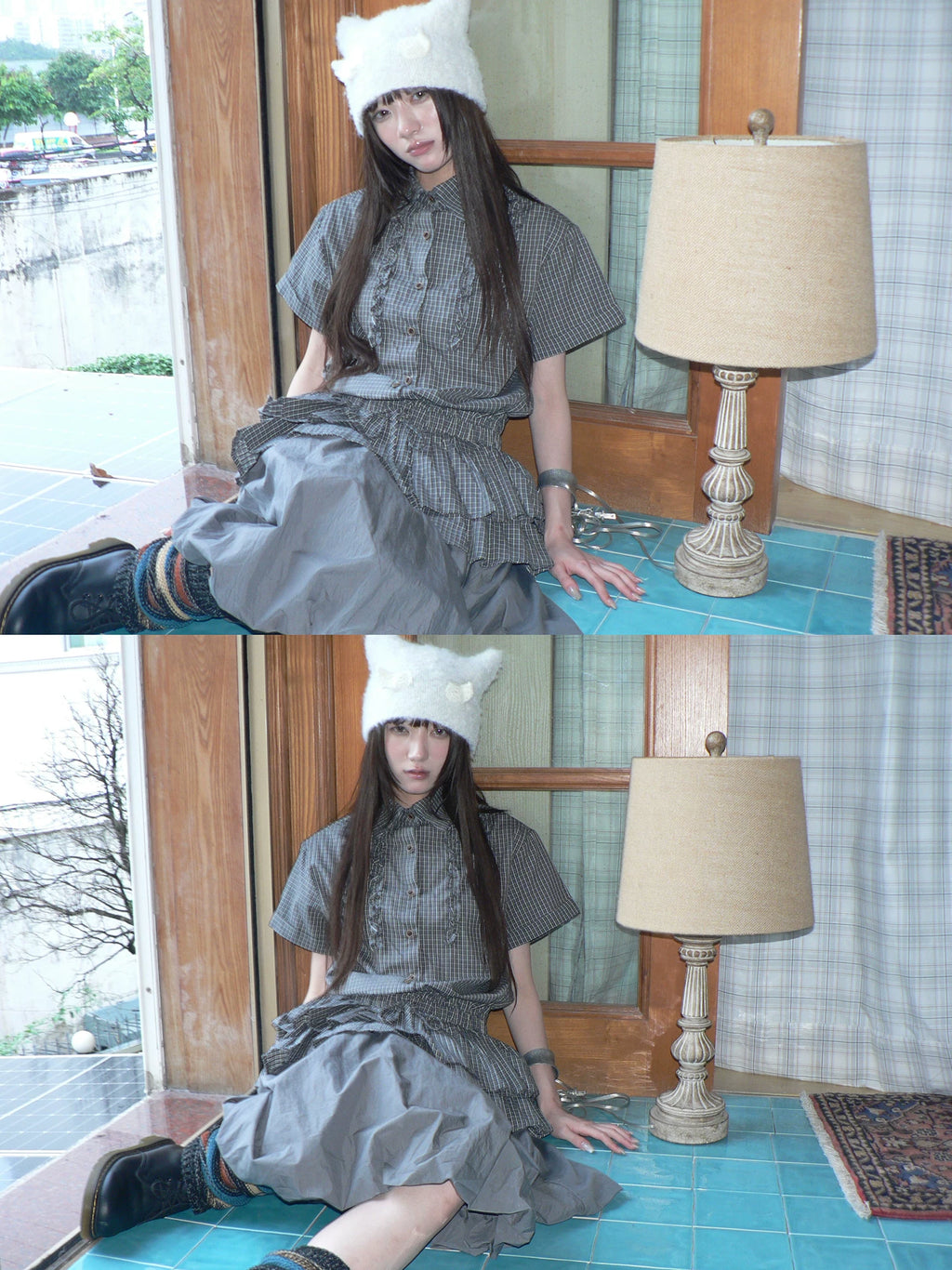 ANG: Project Plaid Fungus Edge Splicing Double-layer Waist Thin Shirt