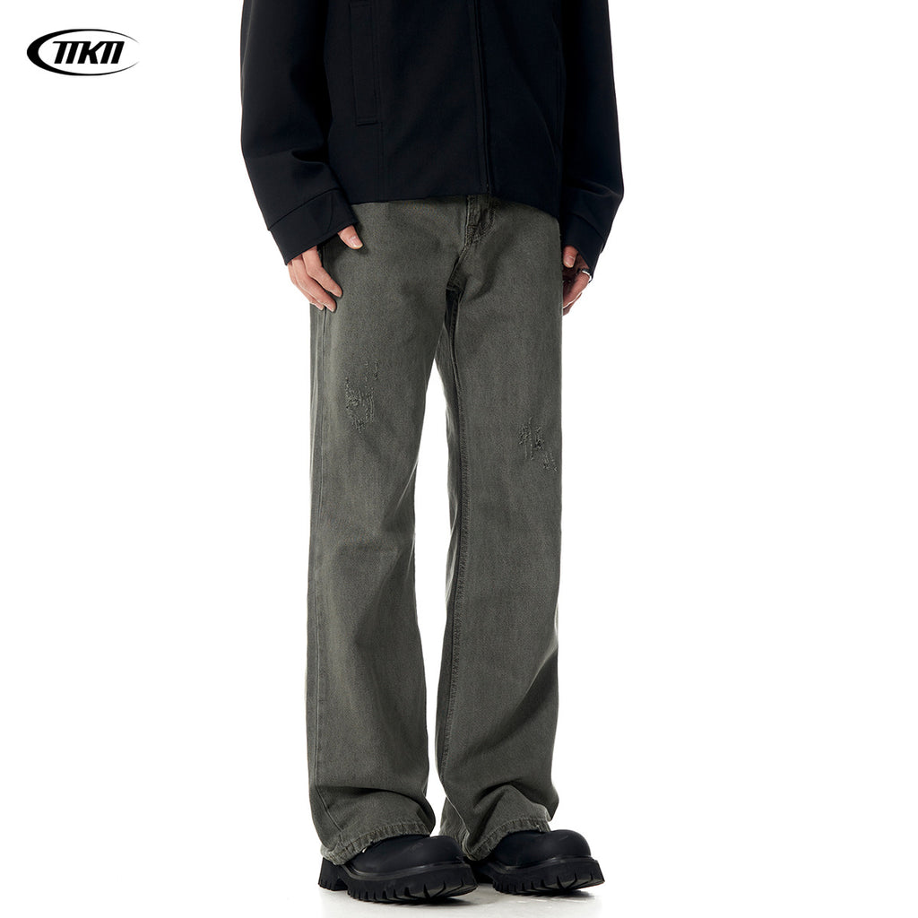 11KN Street Style Distressed Straight Loose Wide-leg Retro Cleanfit Trousers