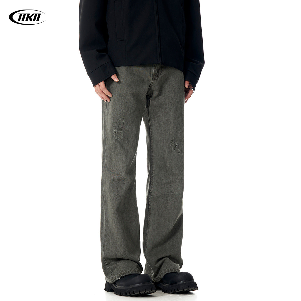 11KN Street Style Distressed Straight Loose Wide-leg Retro Cleanfit Trousers