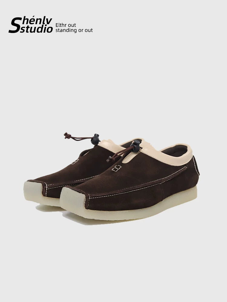 SHENLV STUDIO Suede Color Matching Square Head Flip Leather Shoes