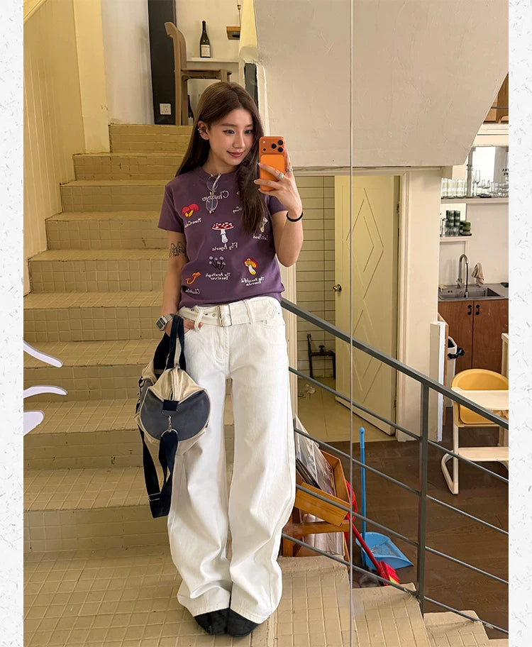 CCYE Medium and Low Waist Straight Versatile Belt Design Jeans