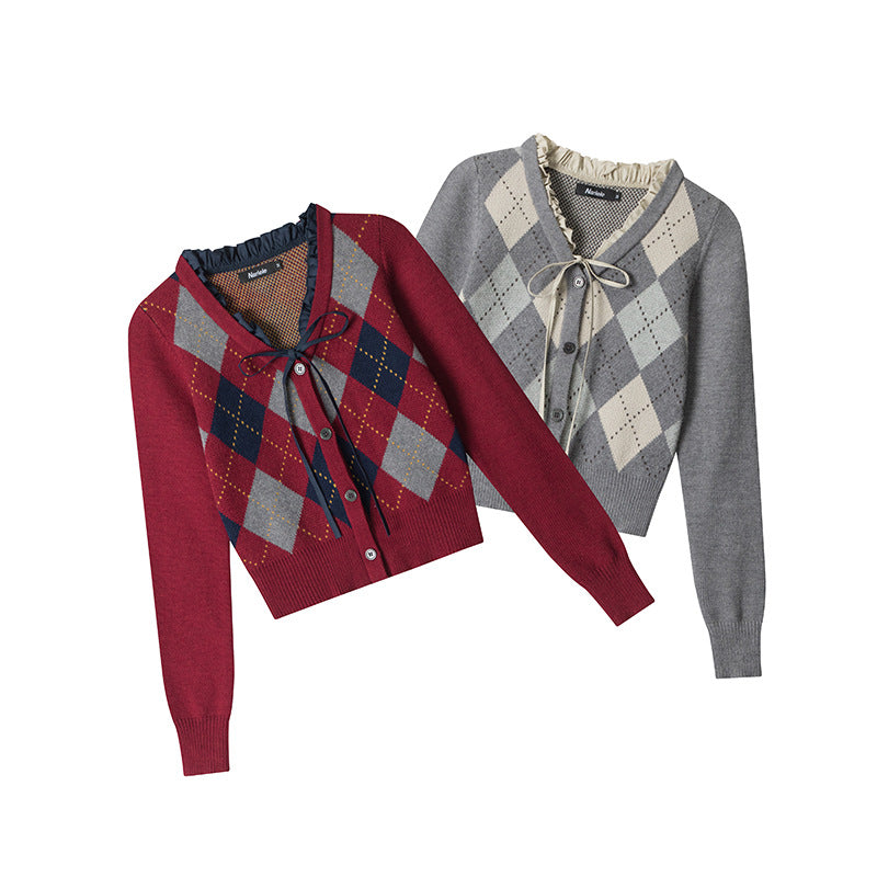 Nariele Rhombus Short Cardigan V-neck Sweater