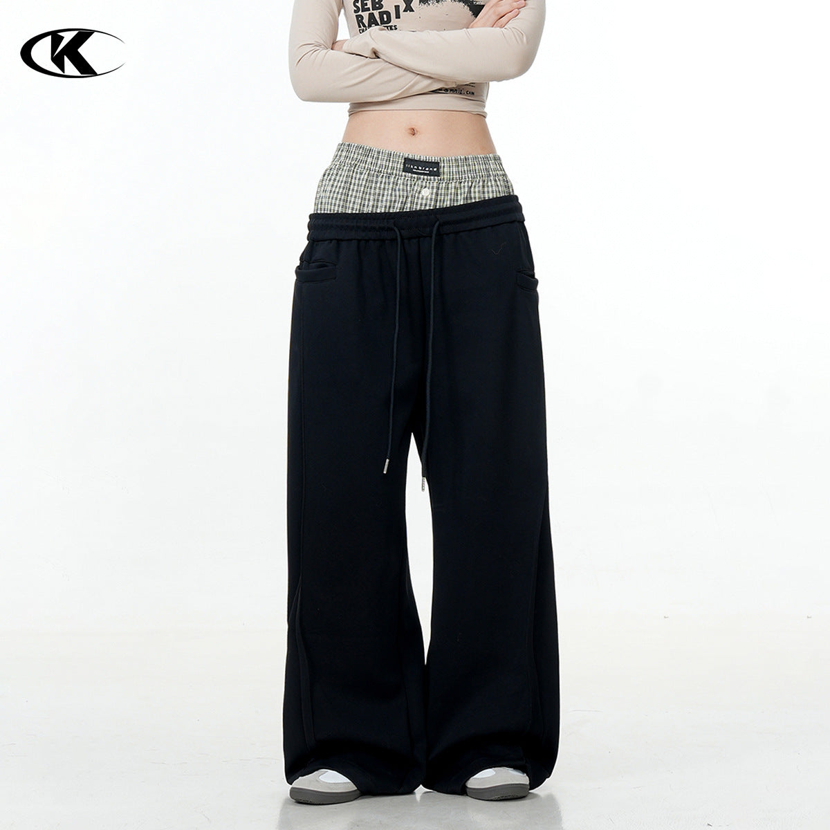 11KN double waist splicing black casual pants