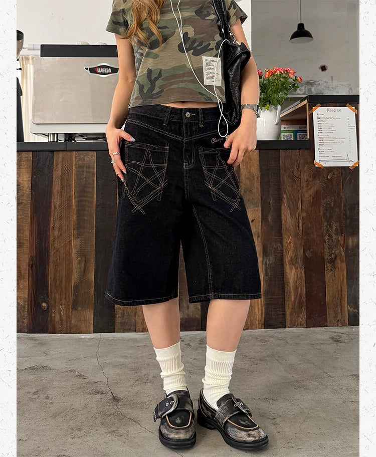CCYE Wide-leg Denim Seven-point Knee Shorts