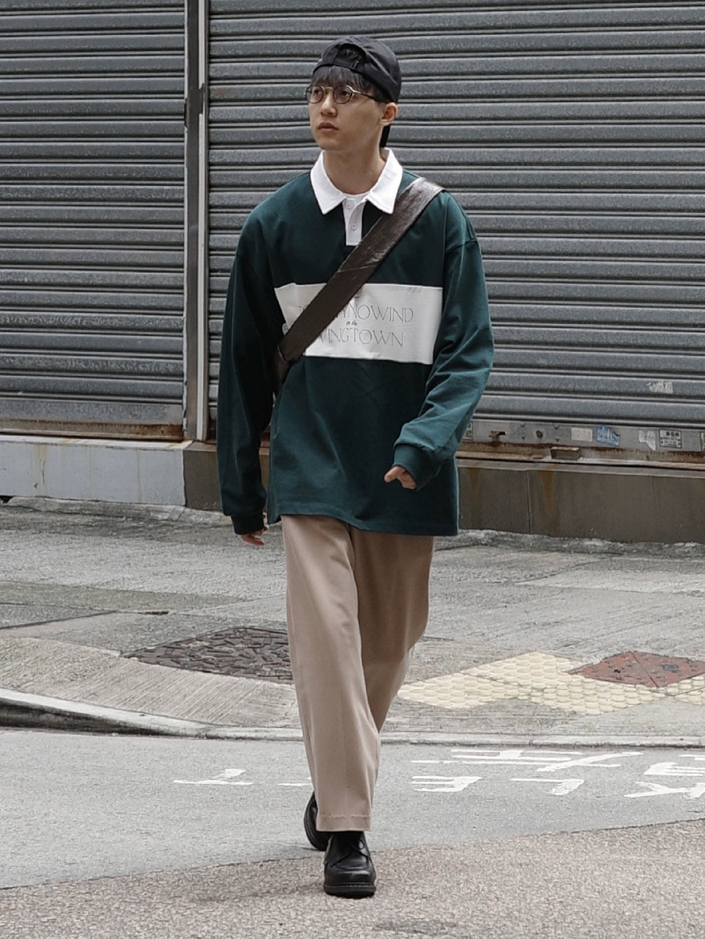 LIVINGTOWN Contrasting Color Splicing Loose Long-sleeved Polo Shirt