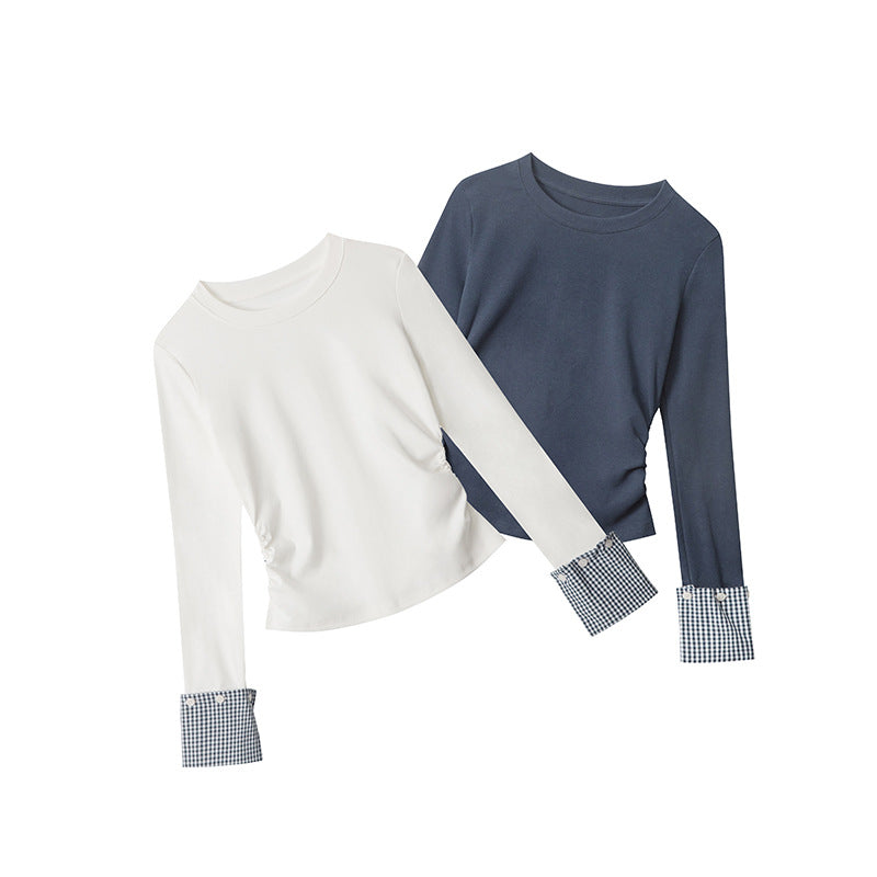 Nariele Waist Wrinkle Stitching Contrasting Color Slim Long Sleeve