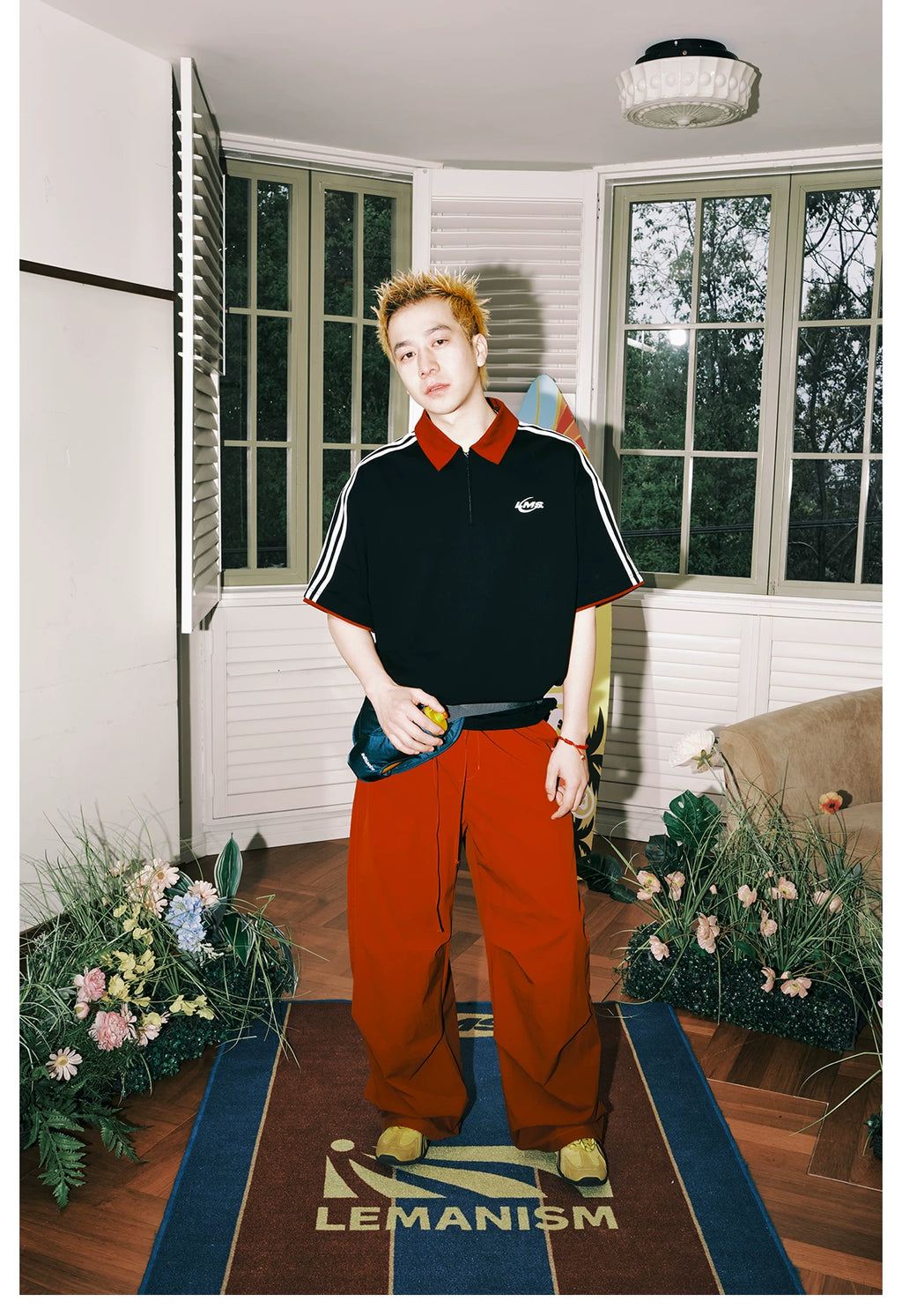 Lemanism Contrasting Sports POLO Collar Loose Tee
