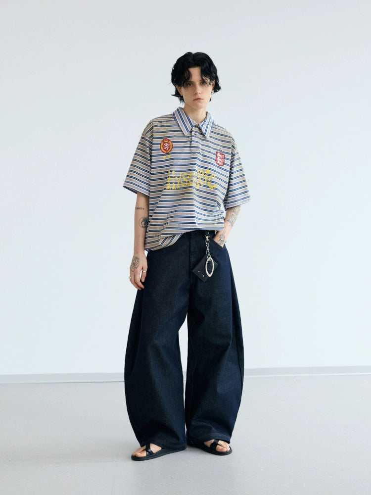 PEOPLESENSE Stripe Spray Dirty Old Resin Buckle POLO Collar Tee