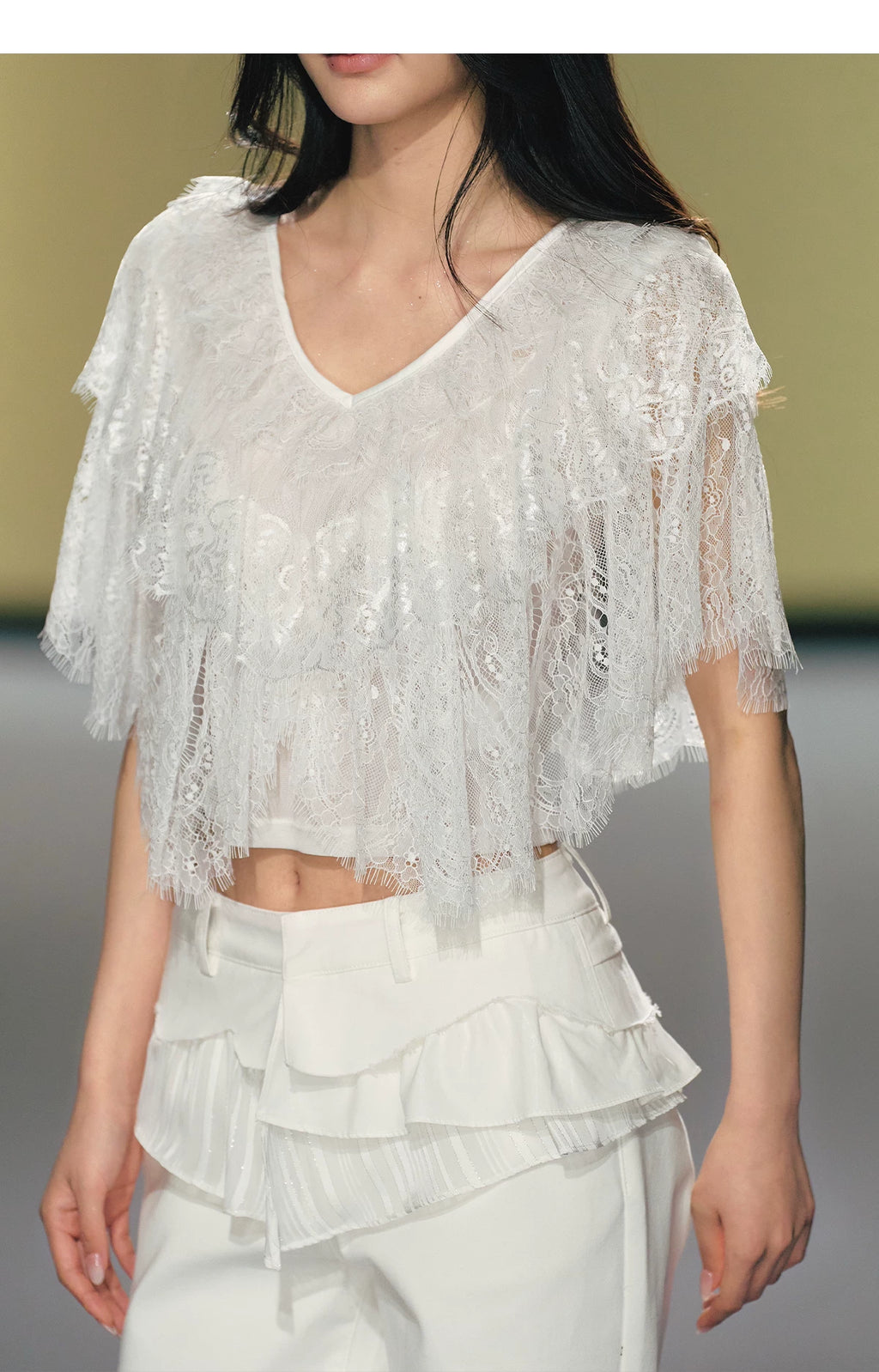 AGAM V-neck Multi-layer Lace Tee
