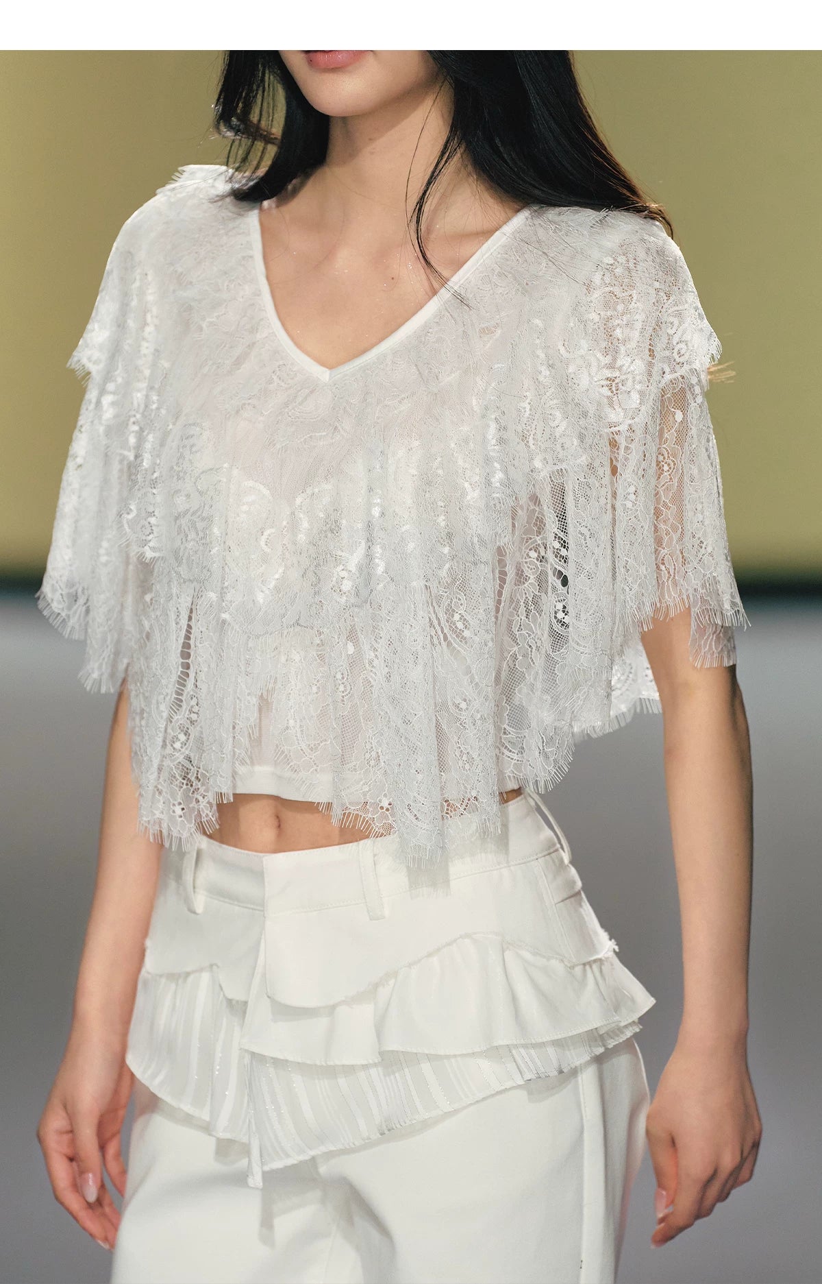 AGAM V-neck Multi-layer Lace Tee