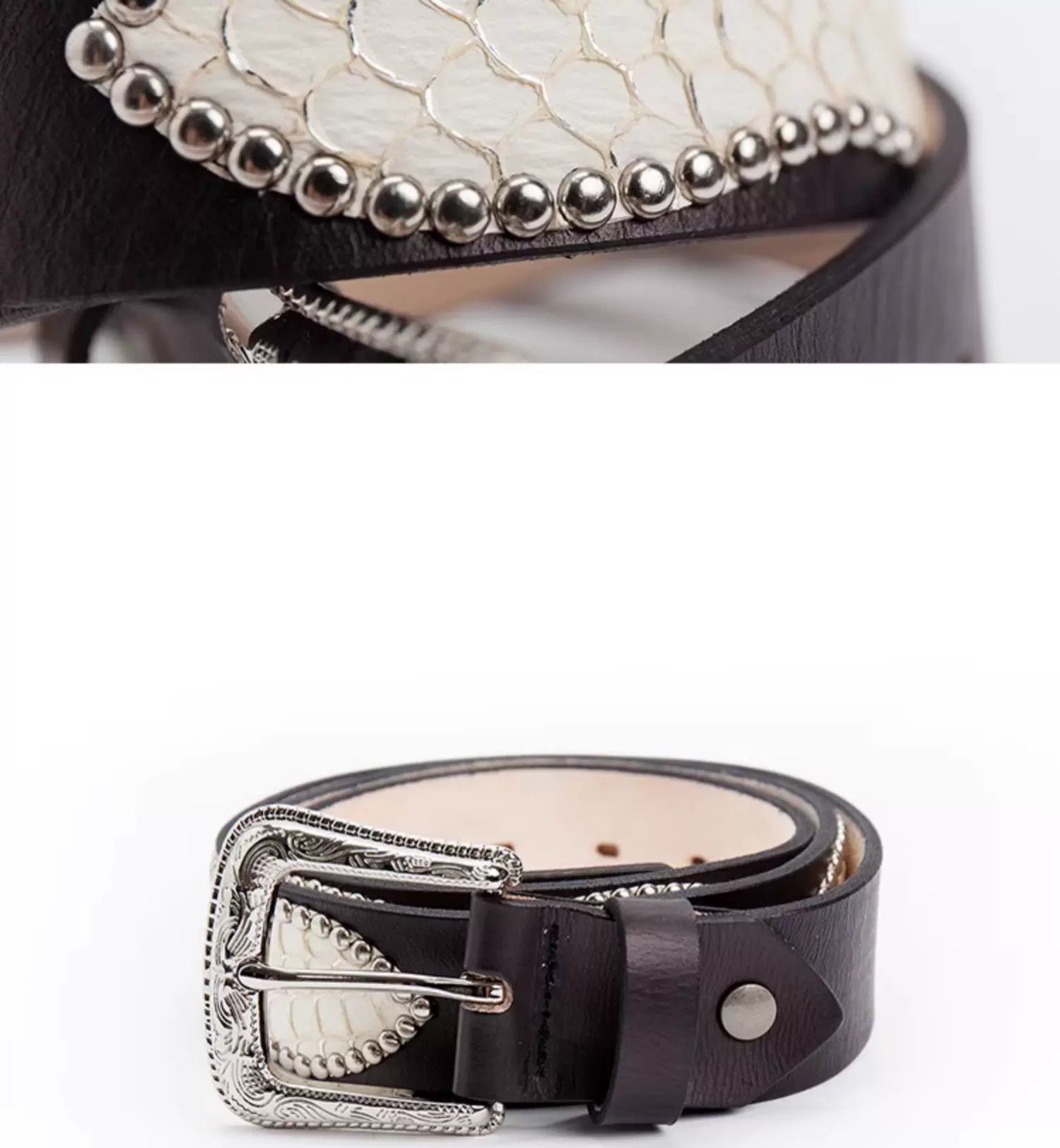 Mbbcar Retro Fish Skin Claw Beads Top Layer Leather Belt