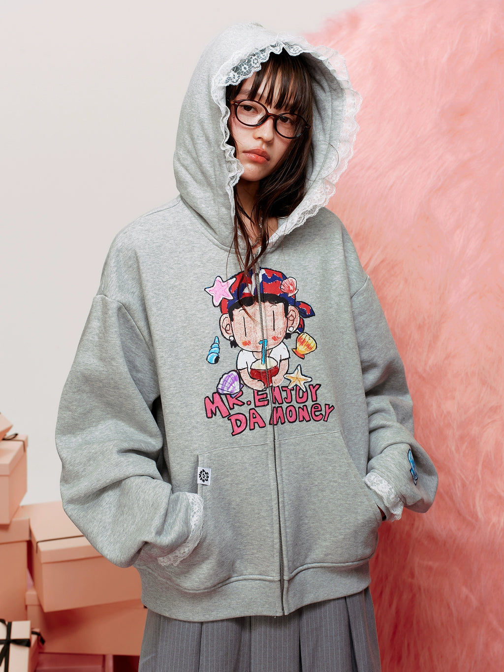 MEDM Lace Zip Hooded Sweater