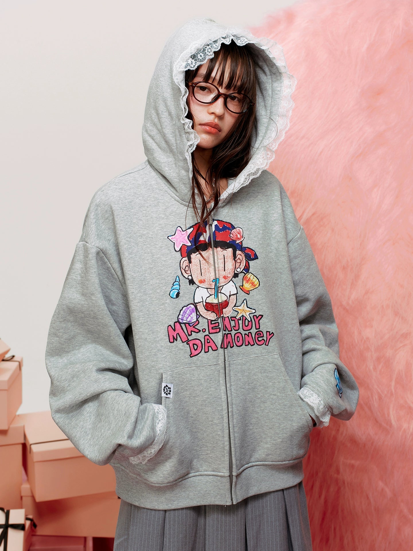 MEDM Lace Zip Hooded Sweater