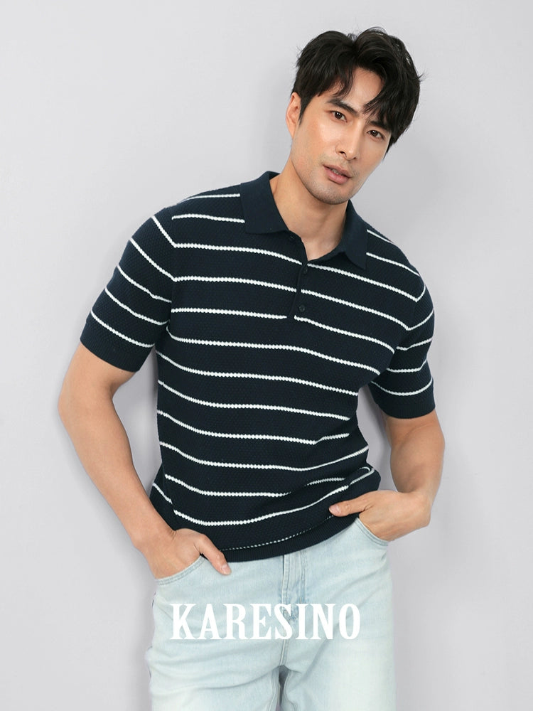 KARESINO Breathable Lapel Striped Polo Knitted Sweater