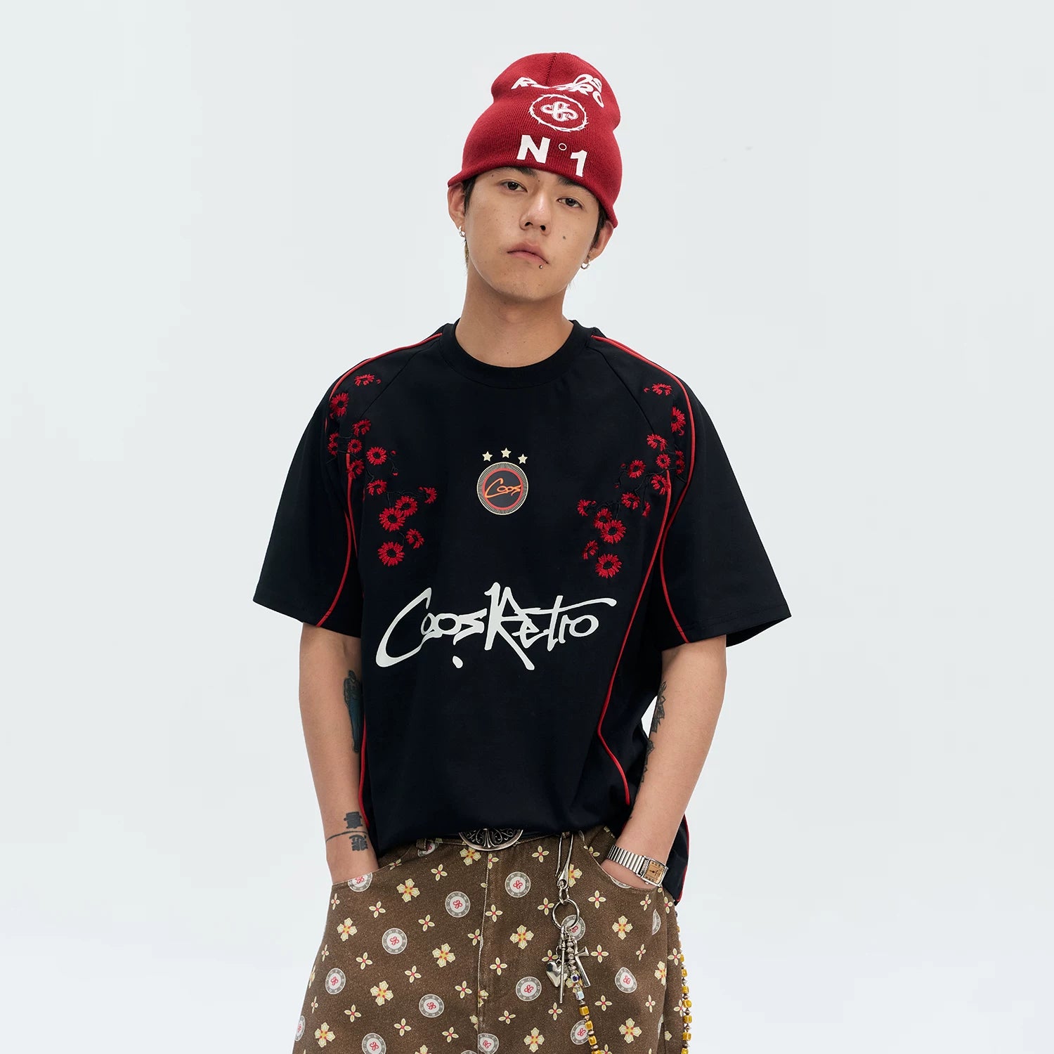 CoosRetro Retro Plum Blossom Embroidery Cool Loose Tee