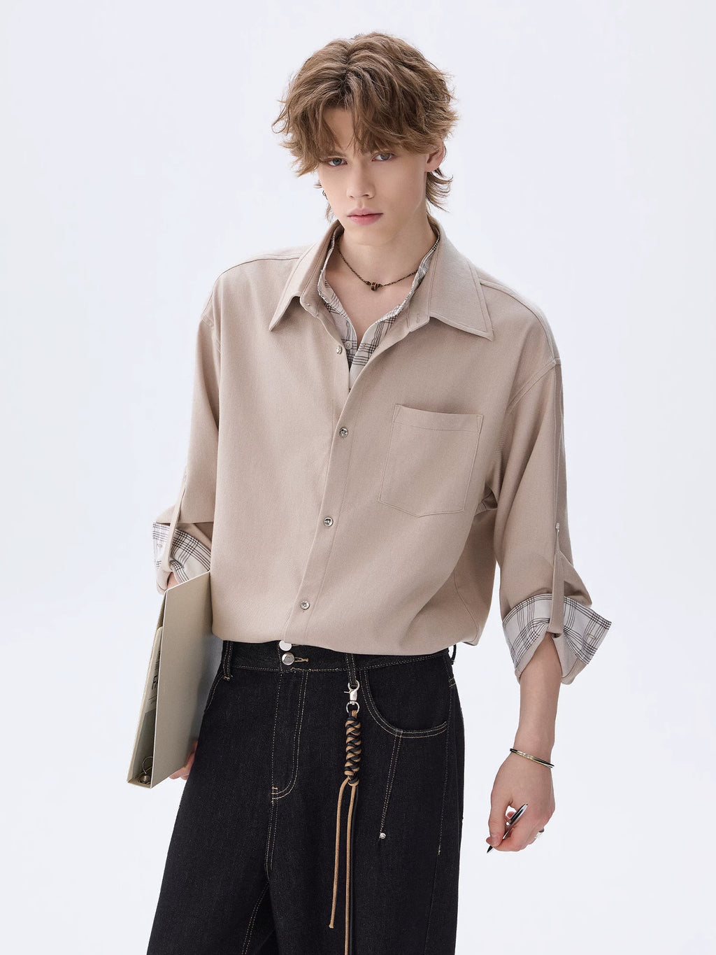 CHOR Ice Silk Denim Puzzled Plaid Double Collar Long Sleeve Shirt