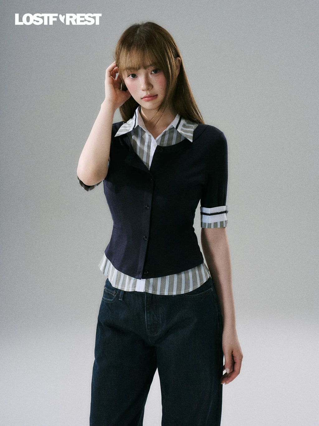 LOST FOREST Fake Two Pieces Fashionable Splicing and Thin Tee