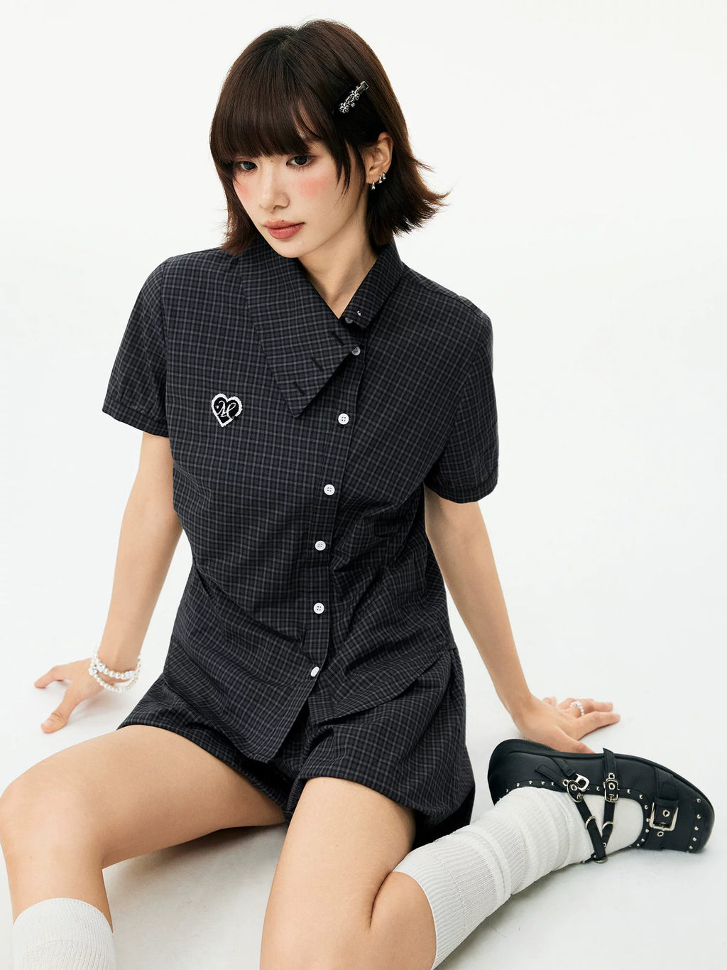 MEDM Plaid Diagonal Shirt with Waist and Thin Short Sleeves