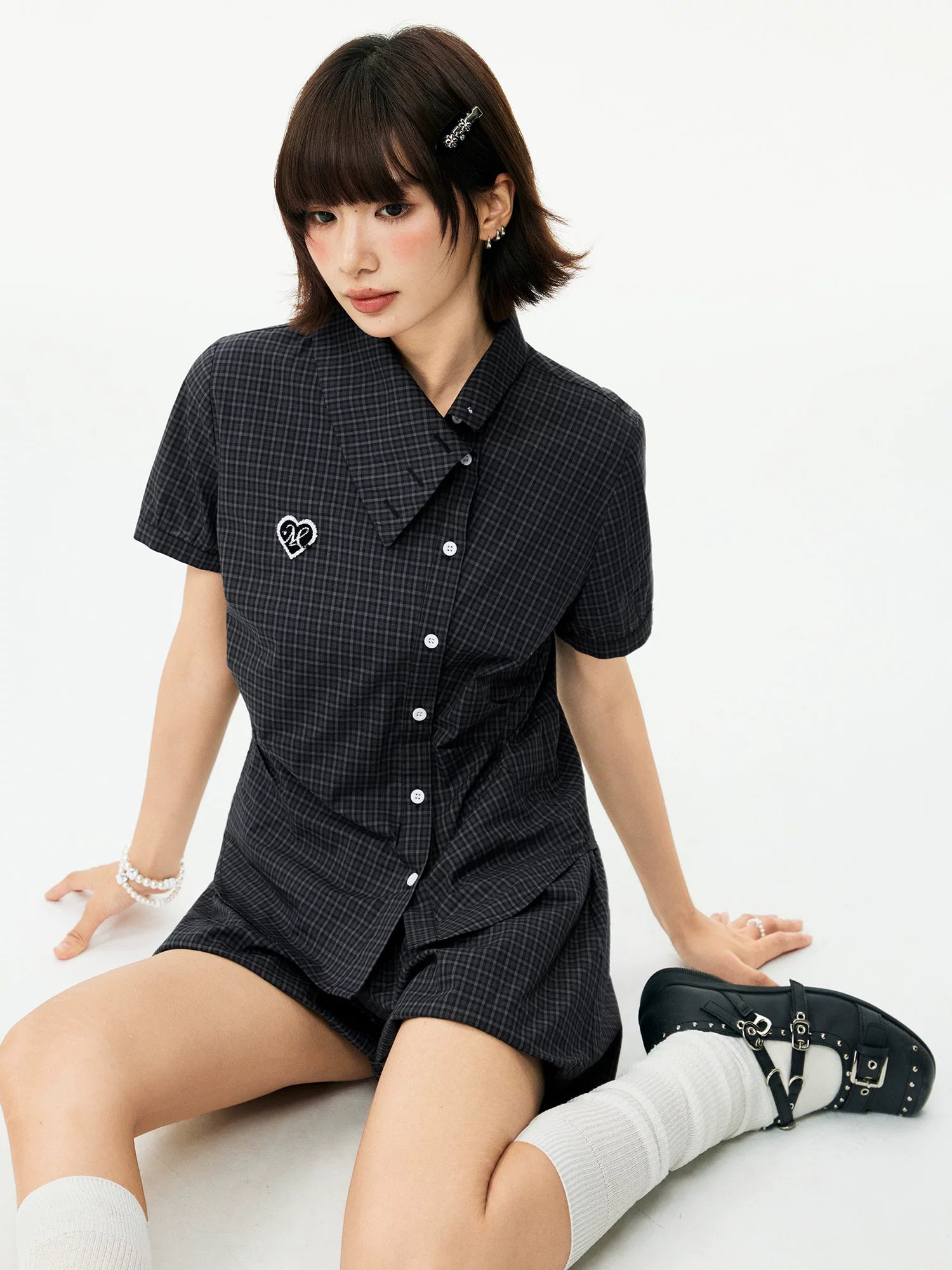 MEDM Plaid Diagonal Shirt with Waist and Thin Short Sleeves
