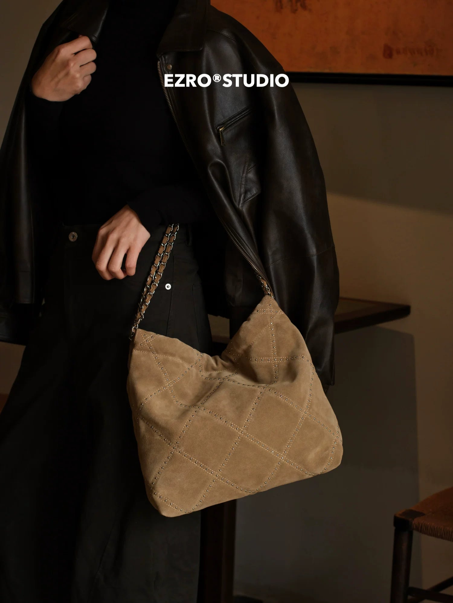 EZRO Rivet Matte Suede Shoulder Tote Bag
