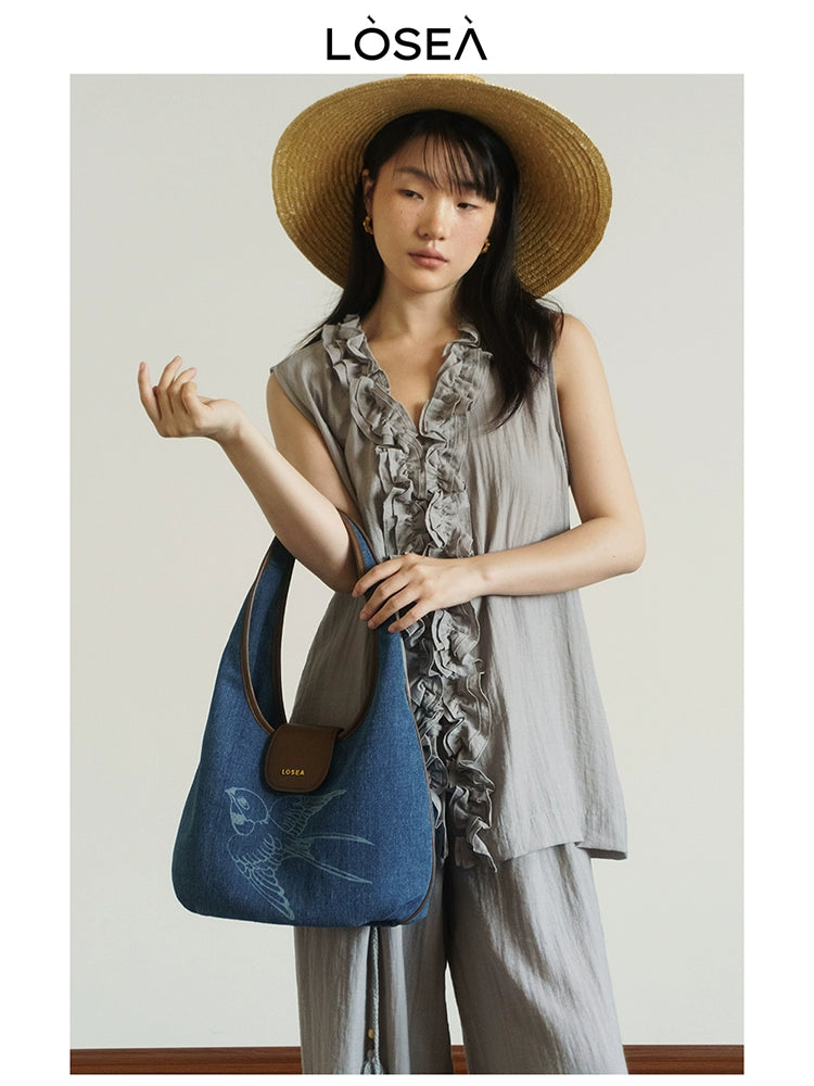 LOSEA New Chinese Denim Retro Shoulder Underarm Bag