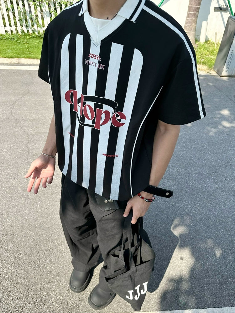 BeOurRule Vintage Striped Polo Shirt V-neck Loose Tee