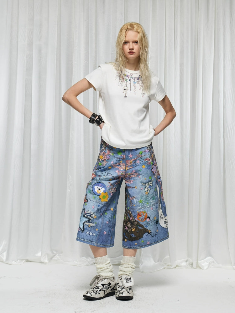 DND4DES Digital Printing Denim Shorts Cartoon Cropped Pants
