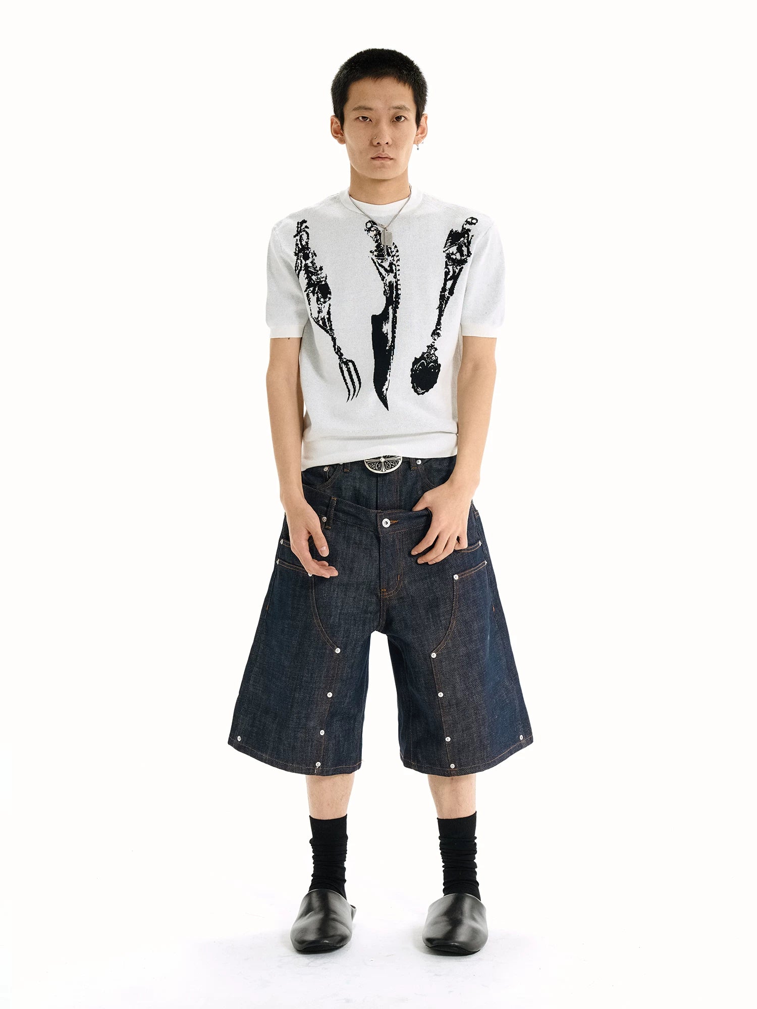 WANNA LAB Skull Knife Fork Spoon Jacquard Pattern Front Shoulder Tee