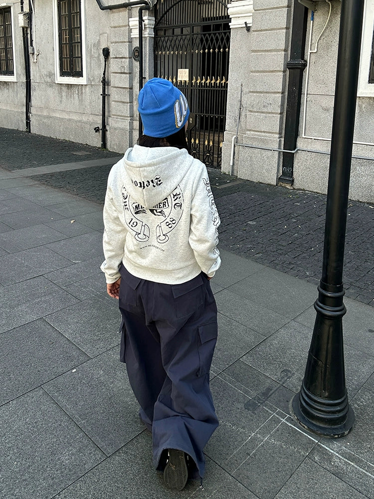 EAHO Vintage Elastic Waist Multi-Pocket Wide Leg Casual Pants