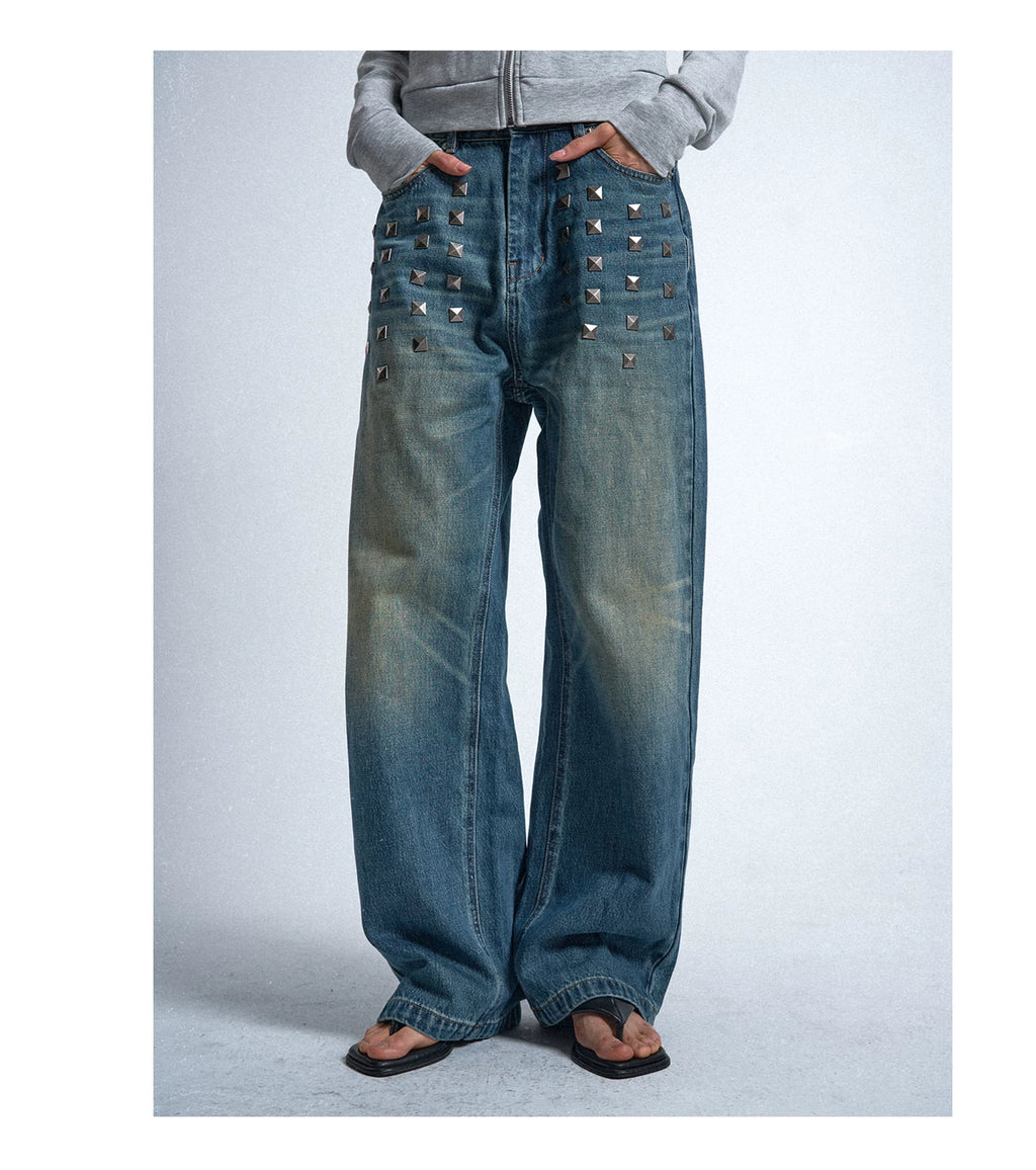 No E Mosen Square Stud Loose Straight Jeans