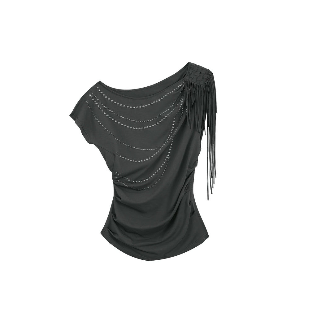 DoublePunch Off-Shoulder Tassel Loose Pleated Hot Diamond Tee