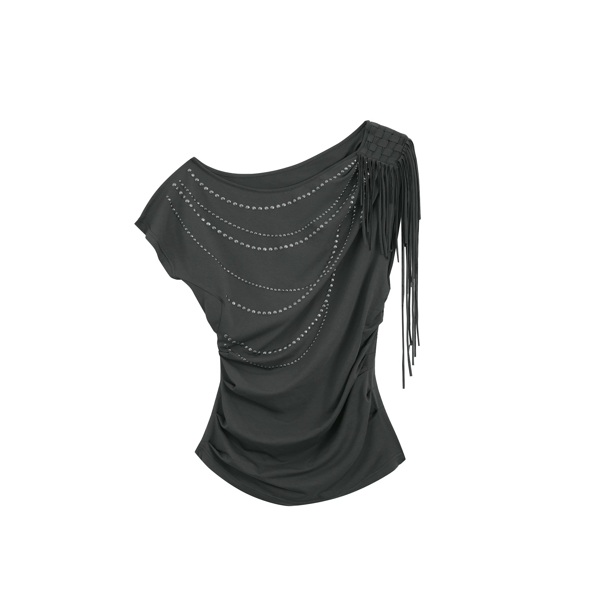 DoublePunch Off-Shoulder Tassel Loose Pleated Hot Diamond Tee