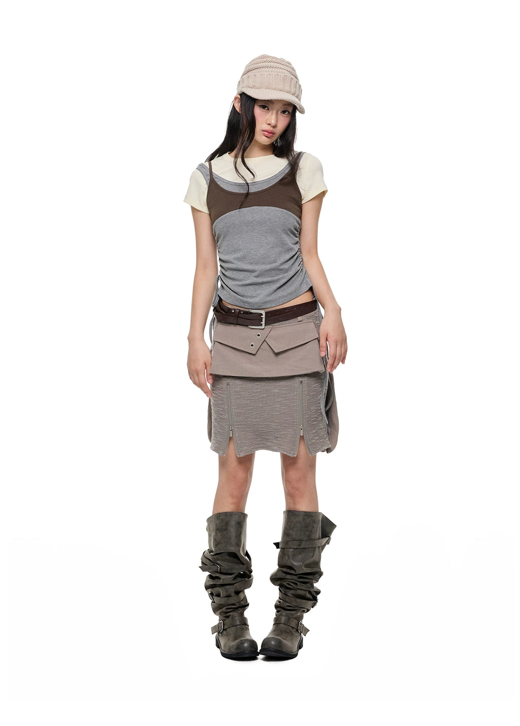 JIKOO Patchwork Textured Knit Pocket Skirt