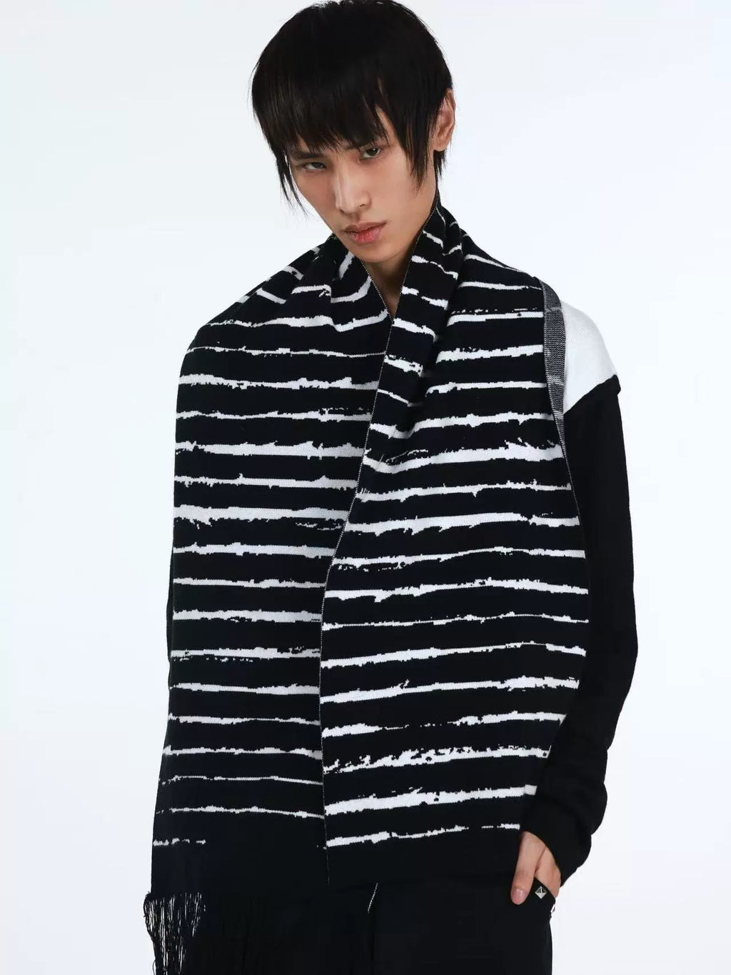 DETW Striped Knitted Fringed Scarf Scarf