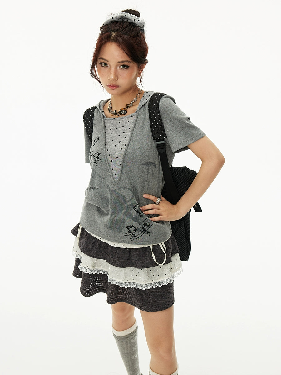 MOMSAYCAN Loose Polka Dot Fake Two-piece Hooded Short Sleeve