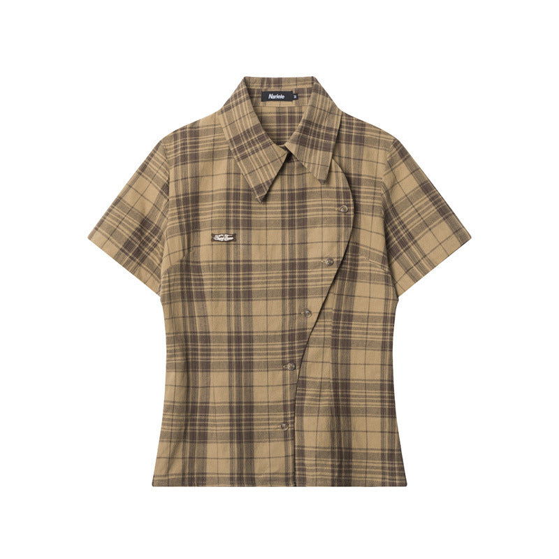 Nariele New Chinese Button College Plaid Short Sleeve Shirt
