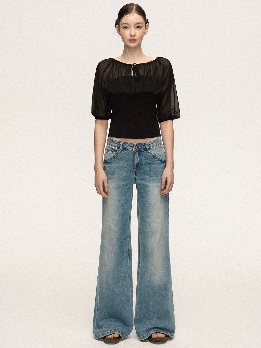 Anna Aneae Mesh Stitching Lace-up Waist and Thin Tee