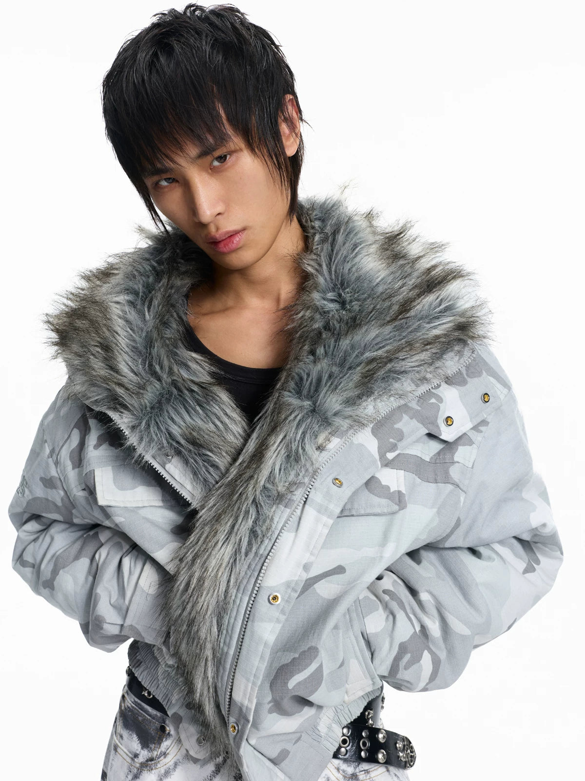 Lightinus Grey and White Camouflage Faux Wolf Hair Lapel Embroidered Padded Jacket