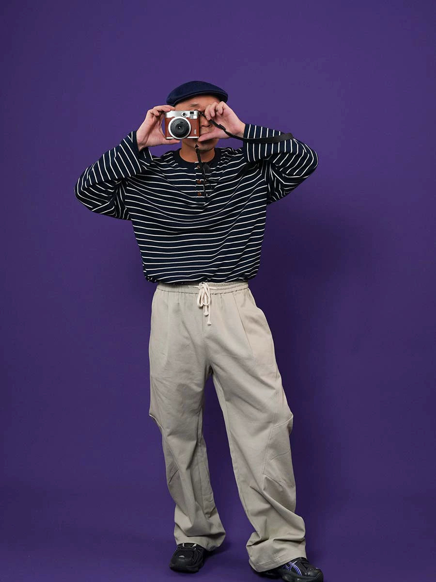 O3PARK Japanese Casual Collarless Striped Polo Shirt