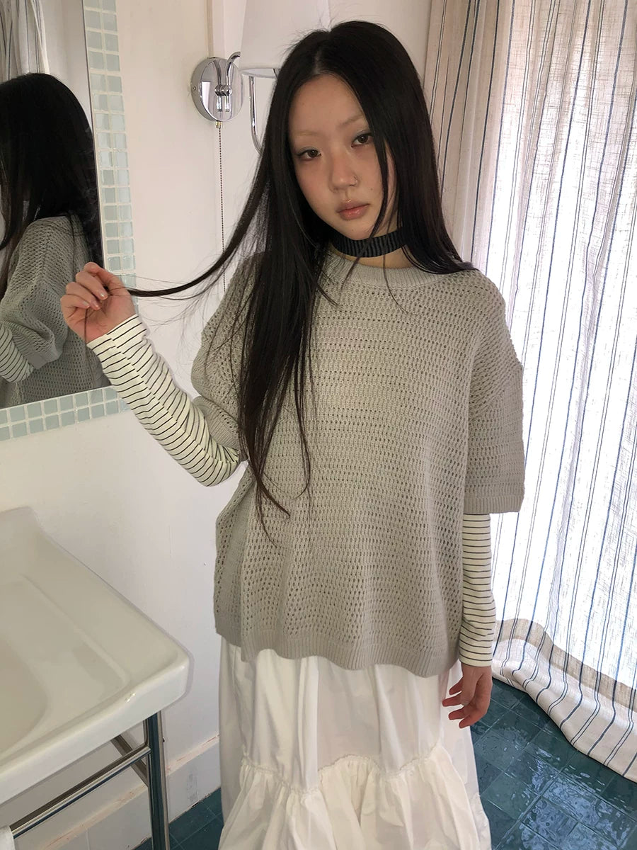 Ang: Project Hollow Round Neck Pullover Knitting Tee
