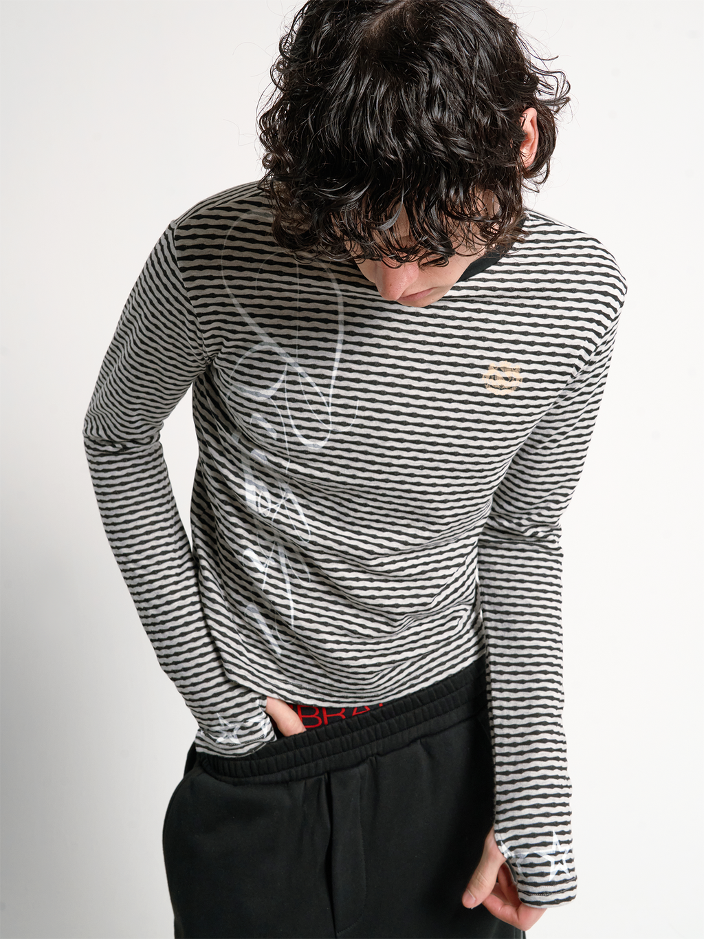 NoEmosen Stripe Print Splicing Crew Neck Long Sleeve
