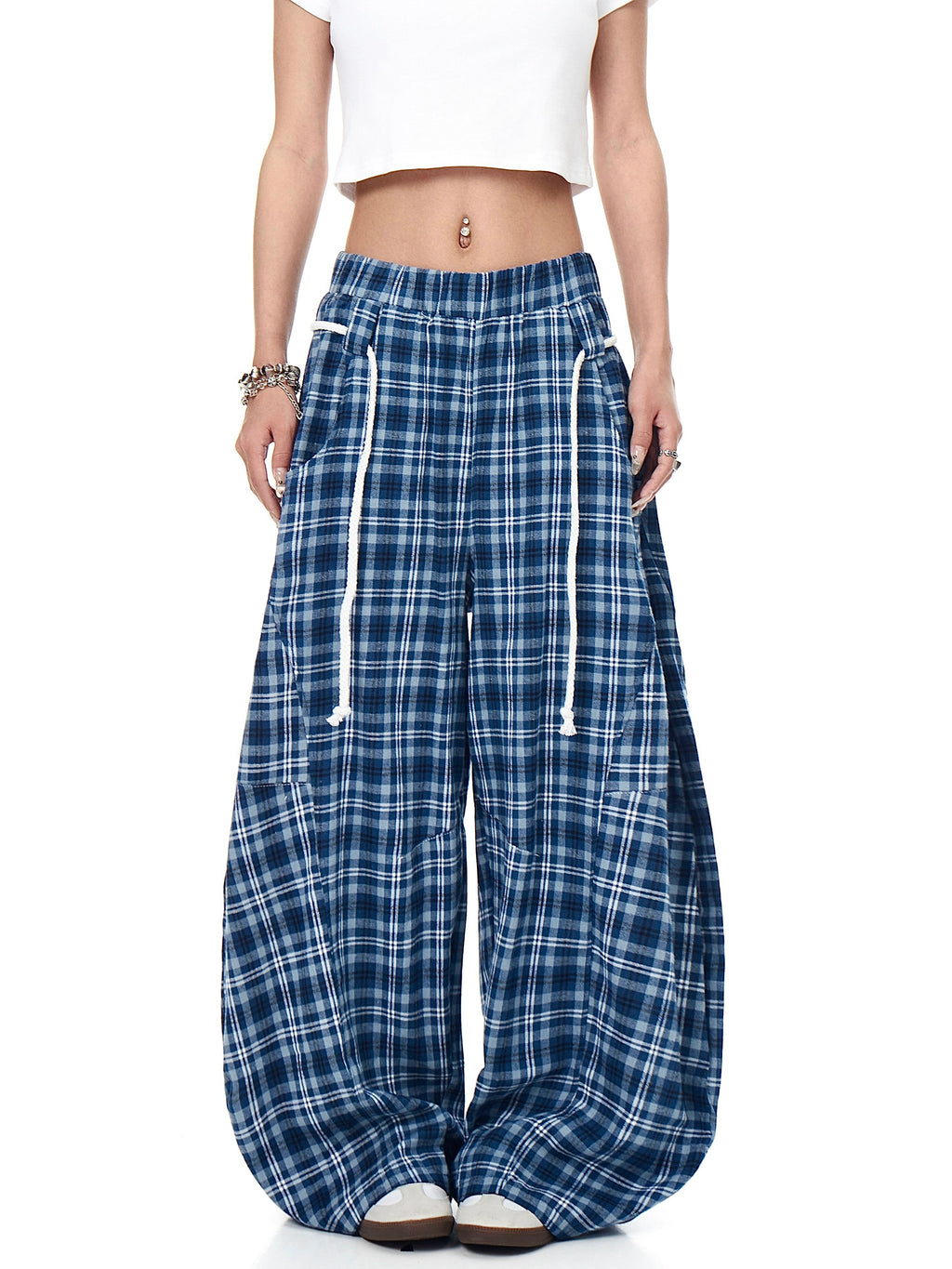 BLACKLISTS Casual Lazy Blue Checked Scimitar Pants