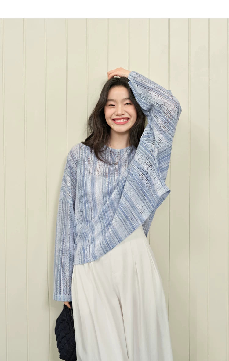 Kuose Striped Hollow Loose Long Sleeve Shirt